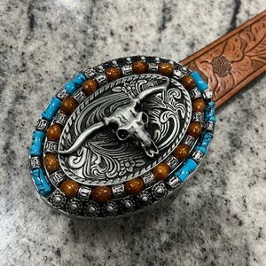 Western Bull Skull Belt with Turquoise and Brown Accents